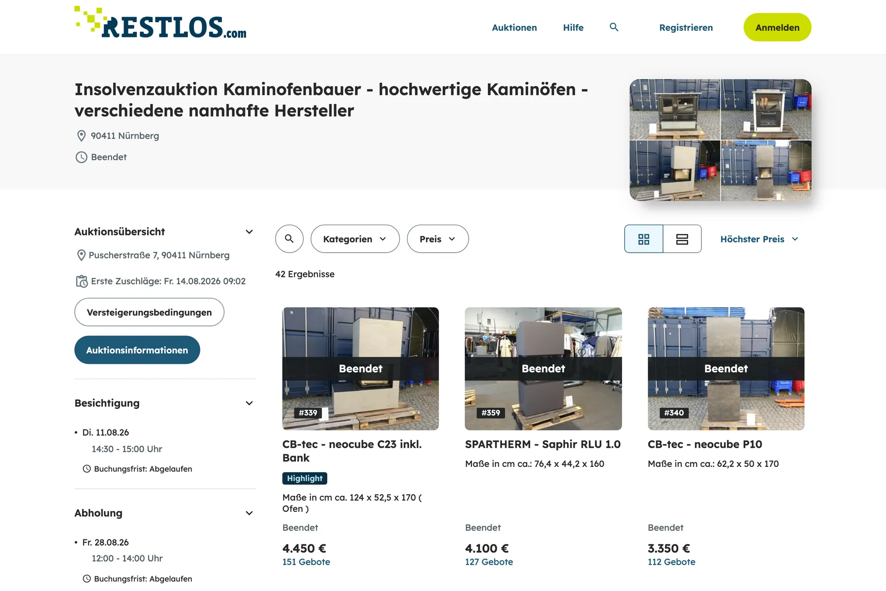 A completed auction on the Restlos platform: individual lots with well over a hundred bids each